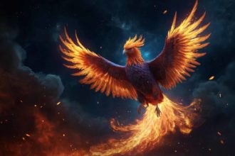 Phoenix Bird with fire wings ascending above all.