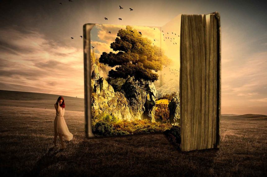 Can we consider our thought as things? A woman walking towards a book that reveals the secrets of the Law of Attraction.