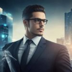 A man in a smart suit and glasses stands tall against the backdrop of a large city skyline. Habits of Successful Business People.