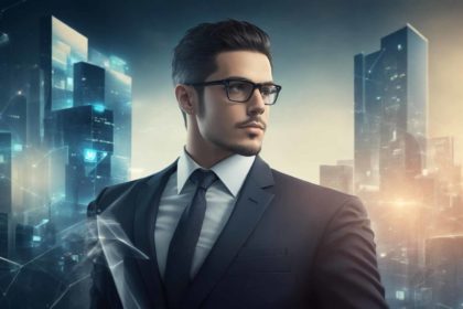 A man in a smart suit and glasses stands tall against the backdrop of a large city skyline. Habits of Successful Business People.