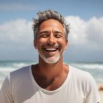 A happy and smiling man on the beach who has succeeded in life.