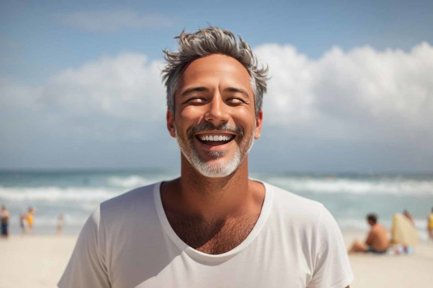 A happy and smiling man on the beach who has succeeded in life.