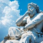 Embracing the Wisdom of the Ages: Statue of a Greek Thinker Silhouetted Against the Clouds