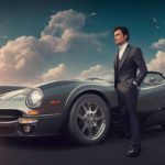 Man in suit standing next to the Dream Car. Beautiful clouds are behind.