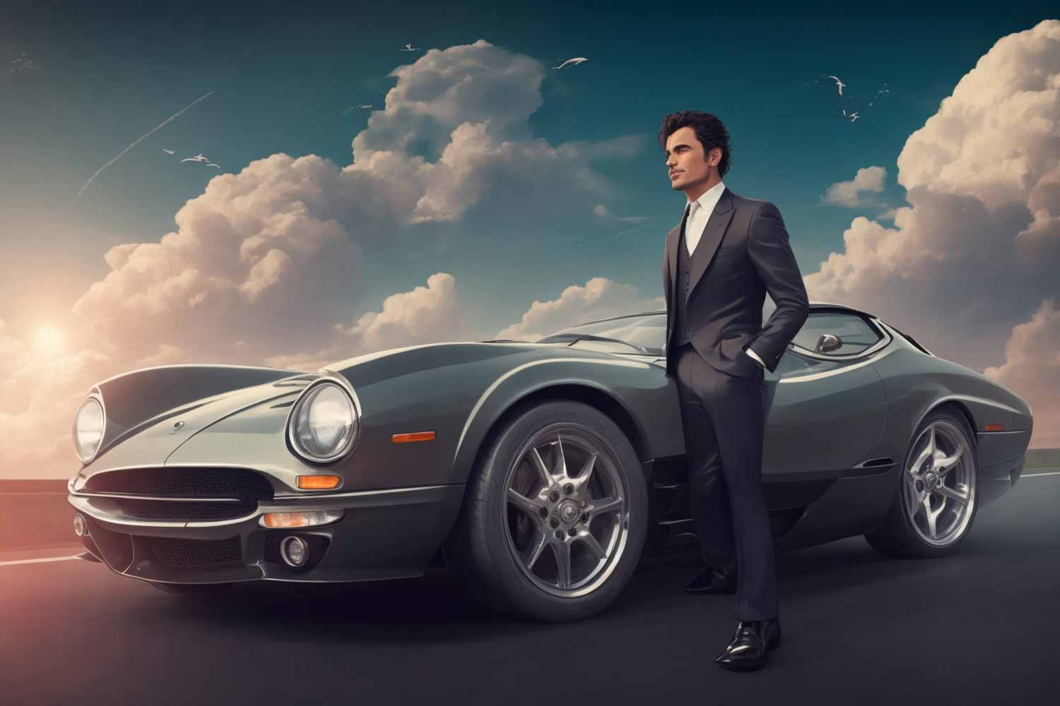 Man in suit standing next to the Dream Car. Beautiful clouds are behind.