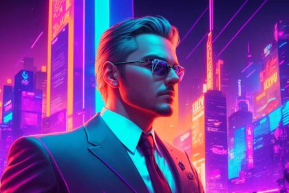 A man with great charisma in a suit and tie in front of a futuristic city.