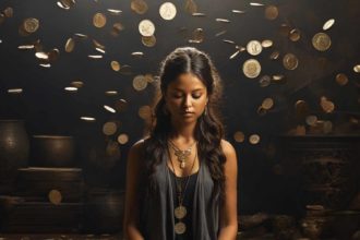 Serene individual meditating surrounded by floating coins and bills, embodying peace and prosperity through Money Vibration.