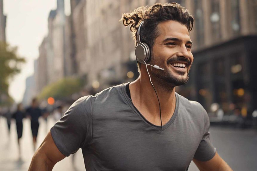 This image captures a dynamic scene set outdoors, featuring a man as the central figure. The man, estimated to be around 38 years old, is depicted wearing headphones, which suggests he might be enjoying music.