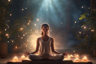 Person meditating for the Law of Attraction, surrounded by a glowing aura of positivity and visualization of dreams.