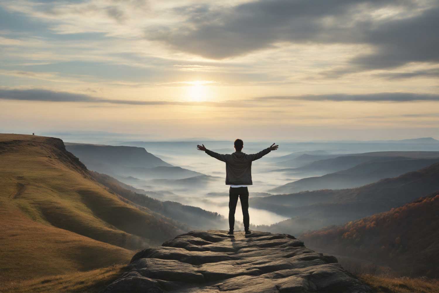 Individual embracing the horizon with open arms, symbolizing readiness for positive change through the Law of Attraction.