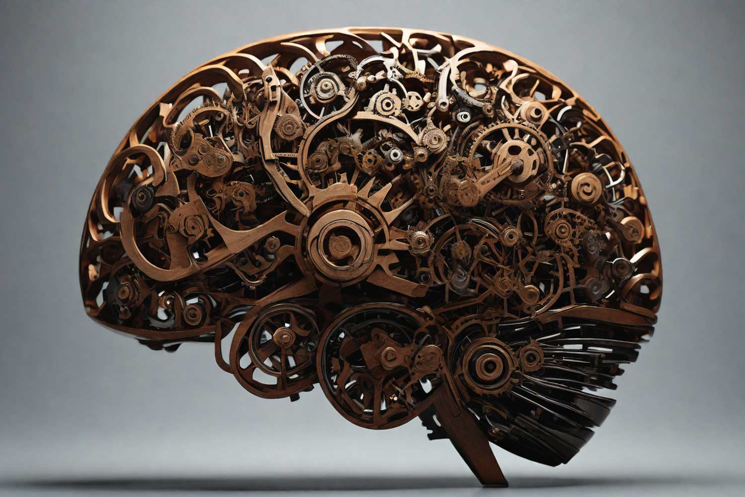 Intricate brain made of gears, depicting balance between productive thinking and overthinking in the context of the Law of Attraction.