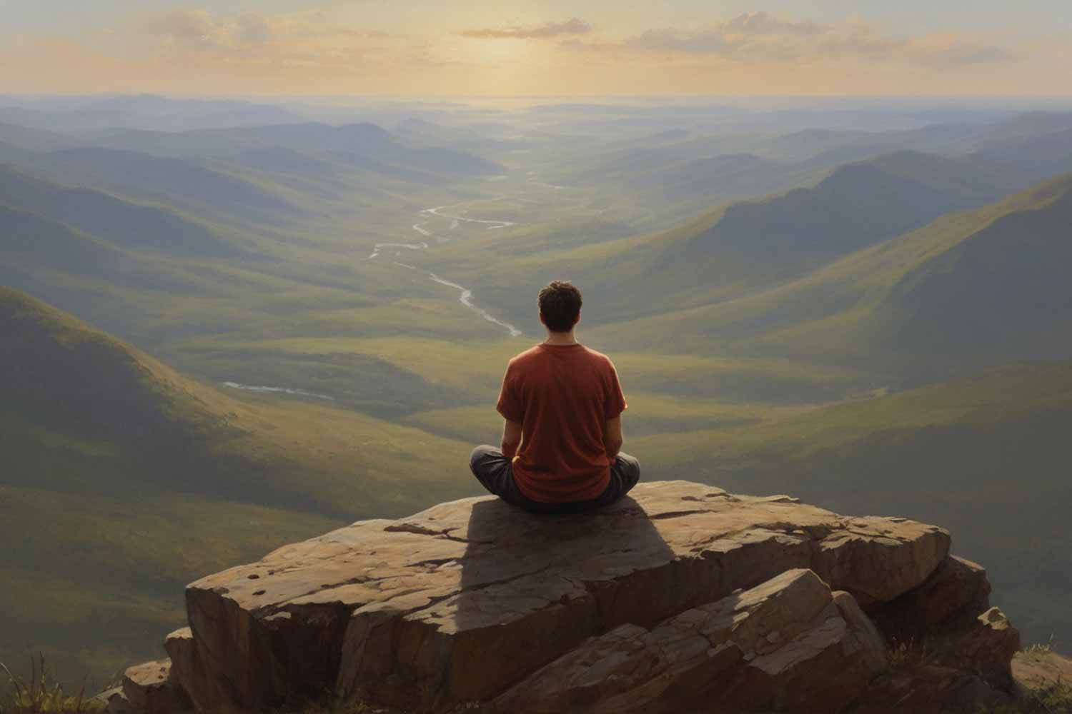 Individual seated on a mountain peak, overlooking a vast landscape, embodying the essence of Stop Worrying.