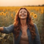 A woman expressing her happiness by raising her hands in a sunflower field, symbolizing joy and freedom.