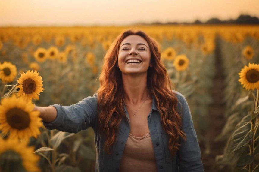 A woman expressing her happiness by raising her hands in a sunflower field, symbolizing joy and freedom.