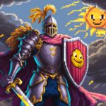 Knight in shining, pixelated armor with a shield bearing a smiling emoji, standing proud as dark clouds part to reveal a bright, pixelated sun, symbolizing mastery over the Law of Attraction.