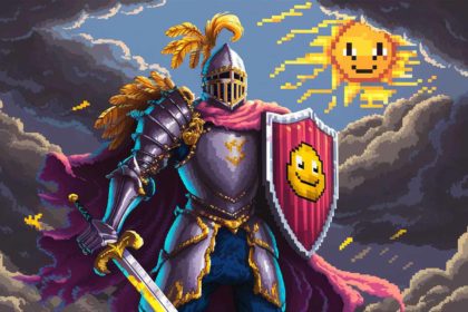 Knight in shining, pixelated armor with a shield bearing a smiling emoji, standing proud as dark clouds part to reveal a bright, pixelated sun, symbolizing mastery over the Law of Attraction.