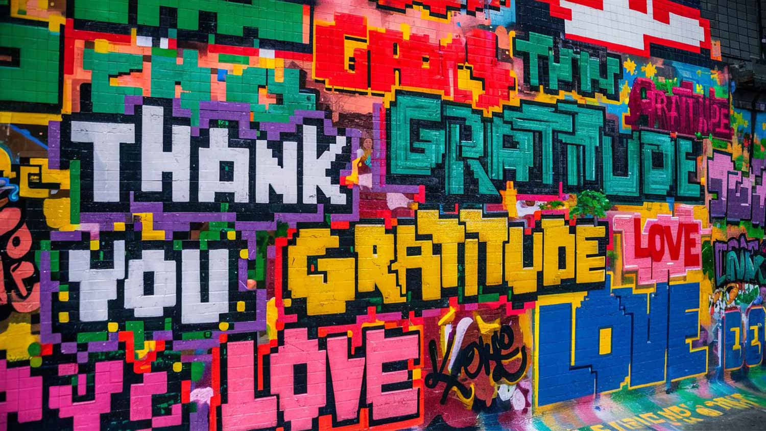 Vibrant, pixelated urban wall covered in colorful graffiti with words "Thank You," "Gratitude," and "Love" in eye-catching fonts, showcasing the essence of mastering the Law of Attraction.