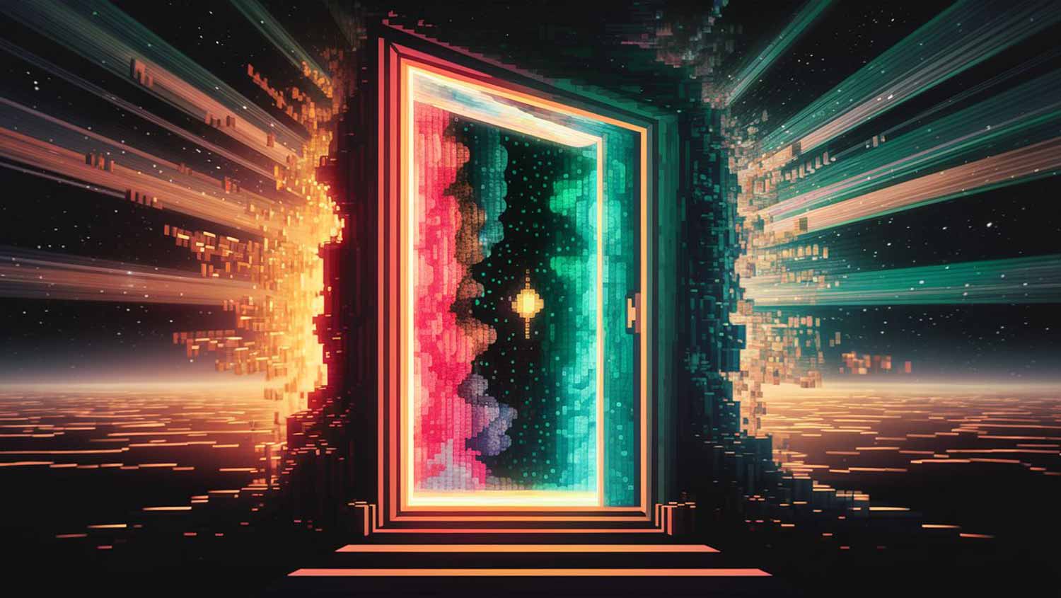 Pixelated multicolored portal against a starry background, symbolizing the entrance to mastering the Law of Attraction.