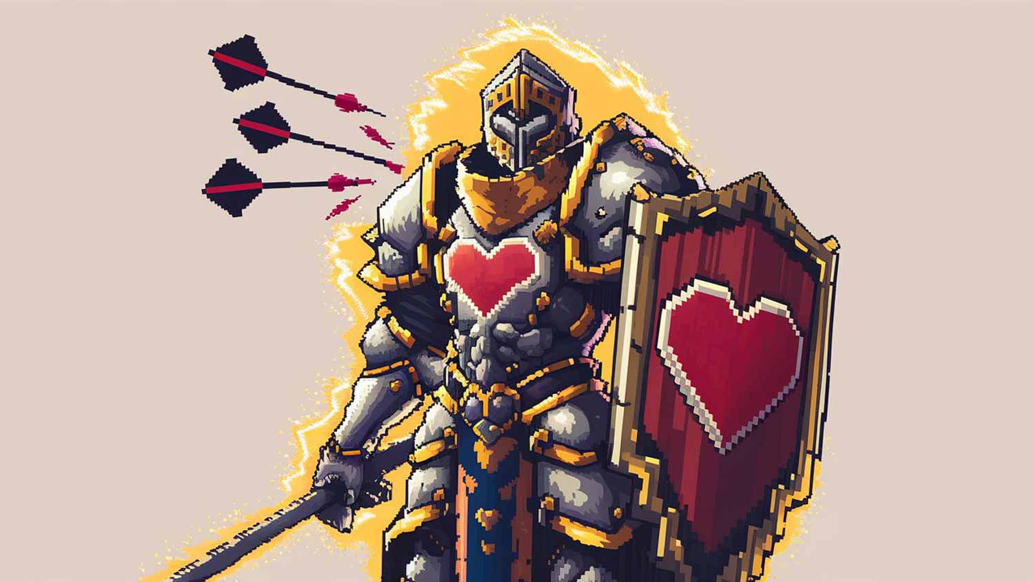 Pixelated knight with shield and heart emblem on chest plate, armor shimmering against negativity, showcasing mastering the Law of Attraction.