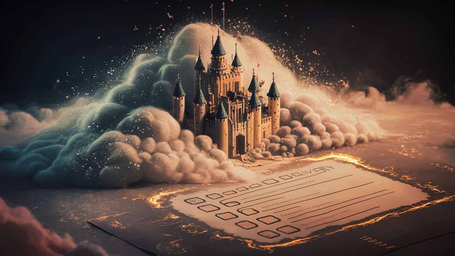 Pixelated castle emerging from magic dust with a glowing cosmic delivery form, checkboxes being ticked, symbolizing mastering the Law of Attraction through detailed intentions.