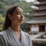 Serene woman practicing meditation near a Zen temple, utilizing positive autosuggestion for mental well-being.