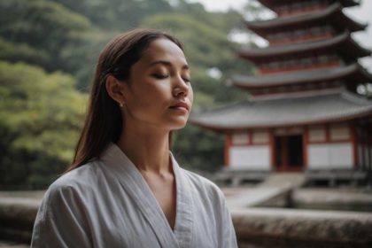 Serene woman practicing meditation near a Zen temple, utilizing positive autosuggestion for mental well-being.