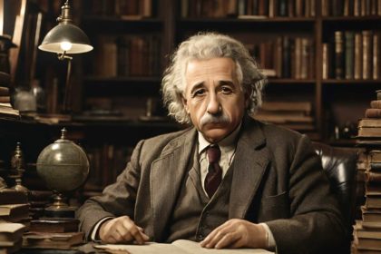 Albert Einstein deep in thought in his study, surrounded by books and papers, symbolizing life lessons of perseverance and curiosity.