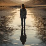 Person reflecting on mistake as single water drop disrupts still pond