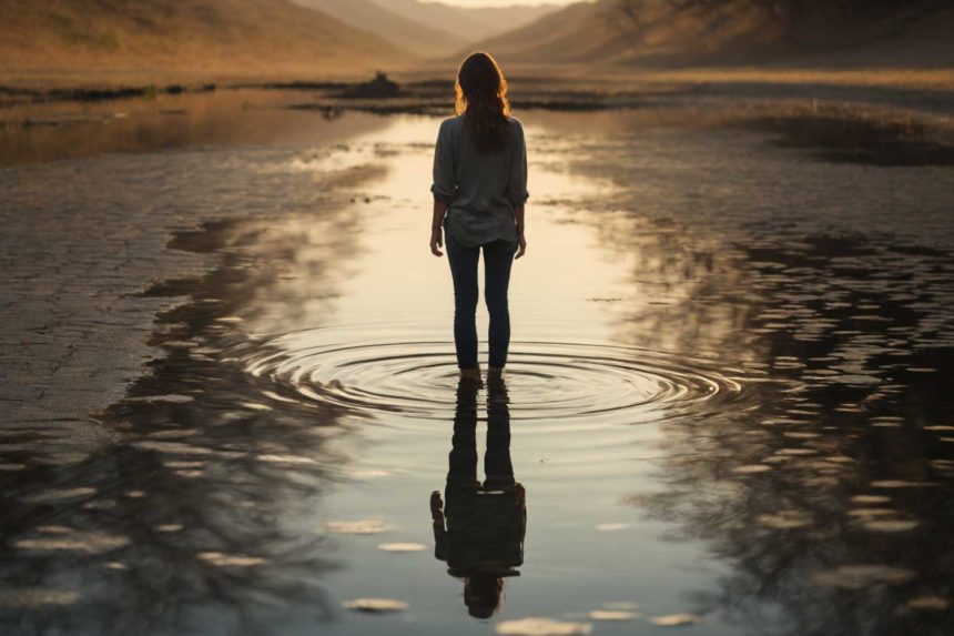 Person reflecting on mistake as single water drop disrupts still pond