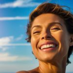 Woman smiling joyfully under a bright, sunny sky, benefiting from sun exposure.