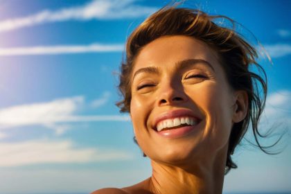 Woman smiling joyfully under a bright, sunny sky, benefiting from sun exposure.